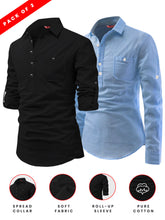 Yugnik Men's Slim Fit Spread Collar Sky Blue & Black Color Cotton Short Kurta Pack 2