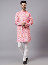 Yugnik Men's Peach Self Printed Curve Line Crochet Fabric Long Kurta Set