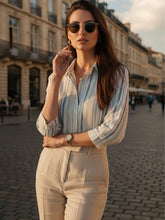 Women 3/4Th sleeve Spread Collar Strip Shirts