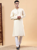 Yugnik Men's Beige Solid Pure Cotton Chinese Collar Long Kurta Pajama Set