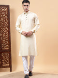 Yugnik Men's Beige Solid Pure Cotton Spread Collar Long Kurta Pajama Set