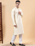 Yugnik Men's Beige Solid Pure Cotton Chinese Collar Long Kurta Pajama Set