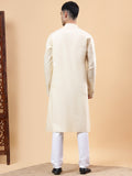 Yugnik Men's Beige Solid Pure Cotton Chinese Collar Long Kurta Pajama Set