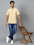 Yugnik Men's Slim Fit Beige with White Color Pure Cotton Half Sleeve Short Kurta Pack 2