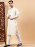 Yugnik Men's Beige Solid Pure Cotton Chinese Collar Long Kurta Pajama Set