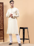 Yugnik Men's Beige Solid Pure Cotton Chinese Collar Long Kurta Pajama Set