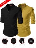 Yugnik Men's Slim Fit Light Beige With Black Color Cotton Short Kurta Pack 2