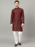 Yugnik Brown Geometric Woven Design Straight Jacquard Kurta with Pyjamas Set