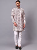 Yugnik Men's Pista Self Leaf Printed Crochet Fabric Long Kurta Set