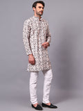 Yugnik Men's Pista Self Leaf Printed Crochet Fabric Long Kurta Set