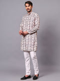 Yugnik Men's Pista Self Leaf Printed Crochet Fabric Long Kurta Set