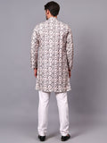 Yugnik Men's Pista Self Leaf Printed Crochet Fabric Long Kurta Set