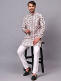 Yugnik Men's Pista Self Leaf Printed Crochet Fabric Long Kurta Set