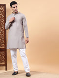 Yugnik Men's Beige Solid Pure Cotton Chinese Collar Long Kurta Pajama Set