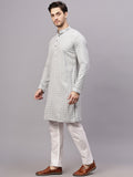 Yugnik Men's Pista Chikankari Florist Sequined Long Kurta Set