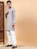 Yugnik Men's Beige Solid Pure Cotton Chinese Collar Long Kurta Pajama Set