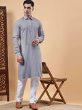 Yugnik Men's Beige Solid Pure Cotton Spread Collar Long Kurta Pajama Set