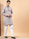 Yugnik Men's Beige Solid Pure Cotton Chinese Collar Long Kurta Pajama Set