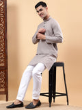 Yugnik Men's Beige Solid Pure Cotton Chinese Collar Long Kurta Pajama Set