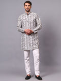 Yugnik Men's Pista Self Leaf Printed Crochet Fabric Long Kurta Set