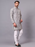 Yugnik Men's Pista Self Leaf Printed Crochet Fabric Long Kurta Set