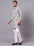 Yugnik Men's Pista Self Leaf Printed Crochet Fabric Long Kurta Set