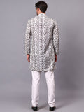 Yugnik Men's Pista Self Leaf Printed Crochet Fabric Long Kurta Set