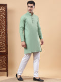 Yugnik Men's Beige Solid Pure Cotton Chinese Collar Long Kurta Pajama Set