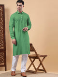 Yugnik Men's Beige Solid Pure Cotton Spread Collar Long Kurta Pajama Set