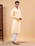 Yugnik Men's Beige Solid Pure Cotton Chinese Collar Long Kurta Pajama Set