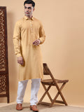 Yugnik Men's Beige Solid Pure Cotton Spread Collar Long Kurta Pajama Set