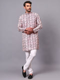 Yugnik Men's Pista Self Leaf Printed Crochet Fabric Long Kurta Set