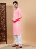 Yugnik Men's Beige Solid Pure Cotton Chinese Collar Long Kurta Pajama Set