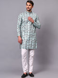 Yugnik Men's Pista Self Leaf Printed Crochet Fabric Long Kurta Set