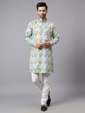 Yugnik Men's Pista Tringle Self Printed Water Effect Crochet Fabric Long Kurta Set