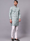 Yugnik Men's Pista Self Leaf Printed Crochet Fabric Long Kurta Set