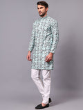 Yugnik Men's Pista Self Leaf Printed Crochet Fabric Long Kurta Set