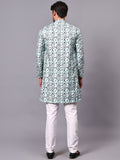 Yugnik Men's Pista Self Leaf Printed Crochet Fabric Long Kurta Set