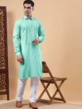 Yugnik Men's Beige Solid Pure Cotton Spread Collar Long Kurta Pajama Set