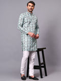 Yugnik Men's Pista Self Leaf Printed Crochet Fabric Long Kurta Set