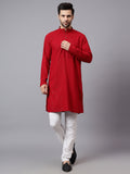 Yugnik Men's Red Chikankari Tringle Pattern Embroidered Sequined Long Kurta Set