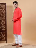 Yugnik Men's Beige Solid Pure Cotton Chinese Collar Long Kurta Pajama Set