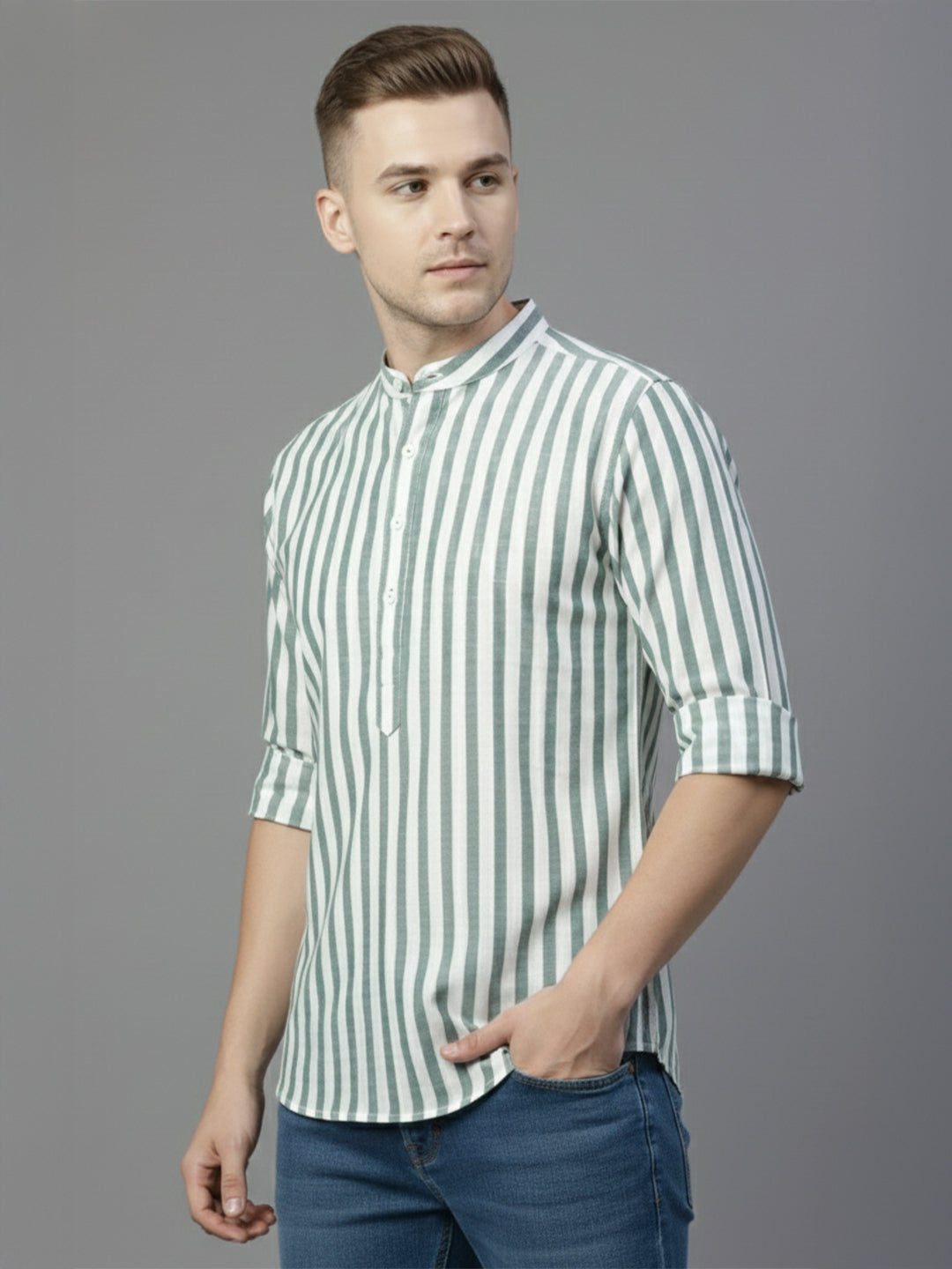 100% Cotton Mens Strip Full Sleeve Kurta