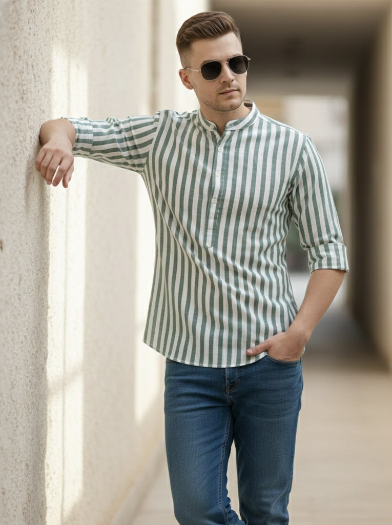 100% Cotton Mens Strip Full Sleeve Kurta