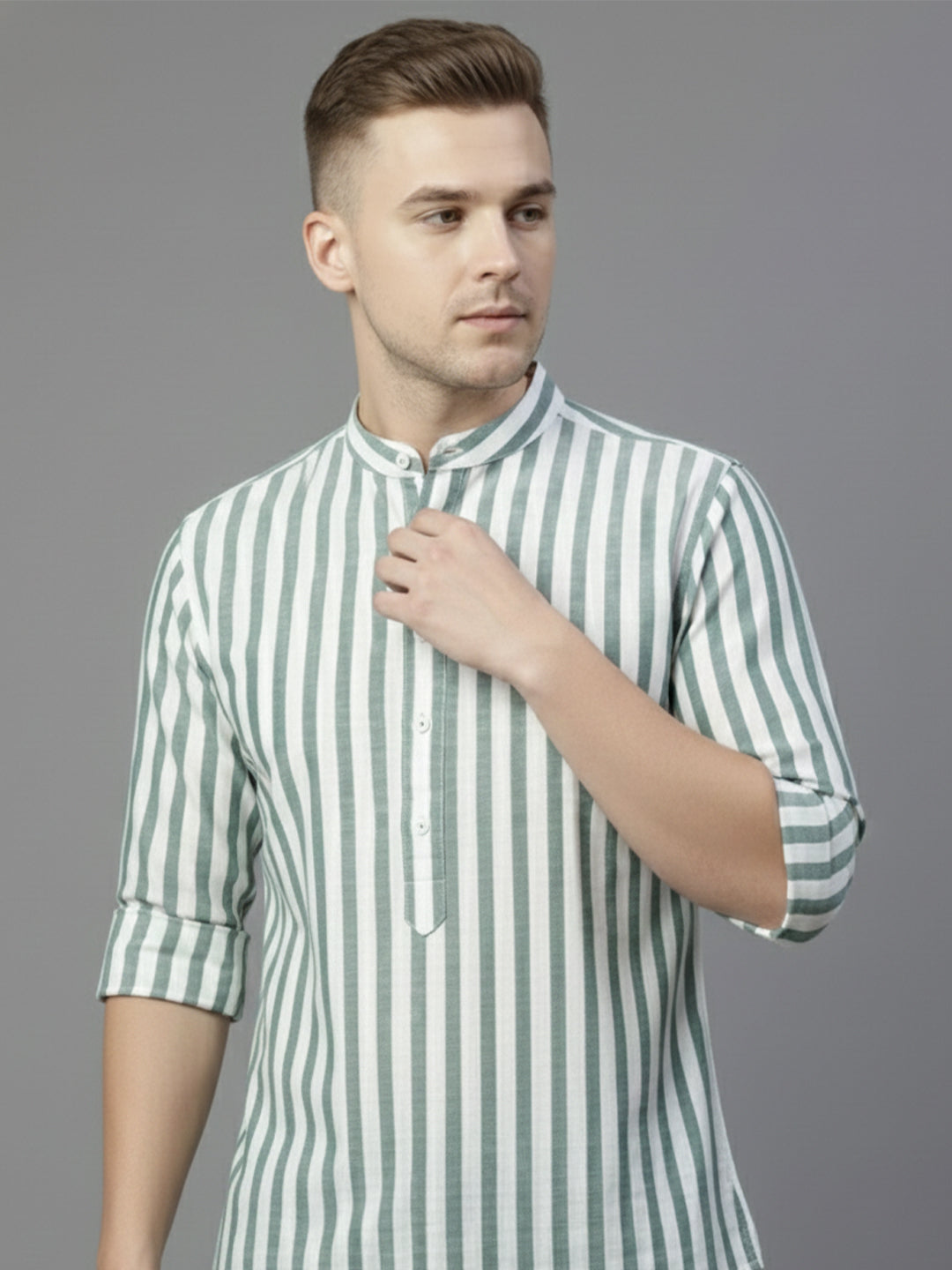 100% Cotton Mens Strip Full Sleeve Kurta