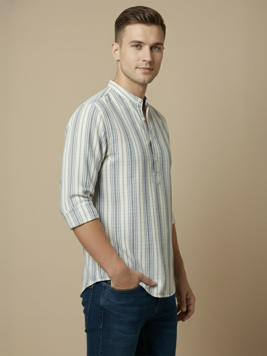 100% Cotton Mens Strip Full Sleeve Kurta