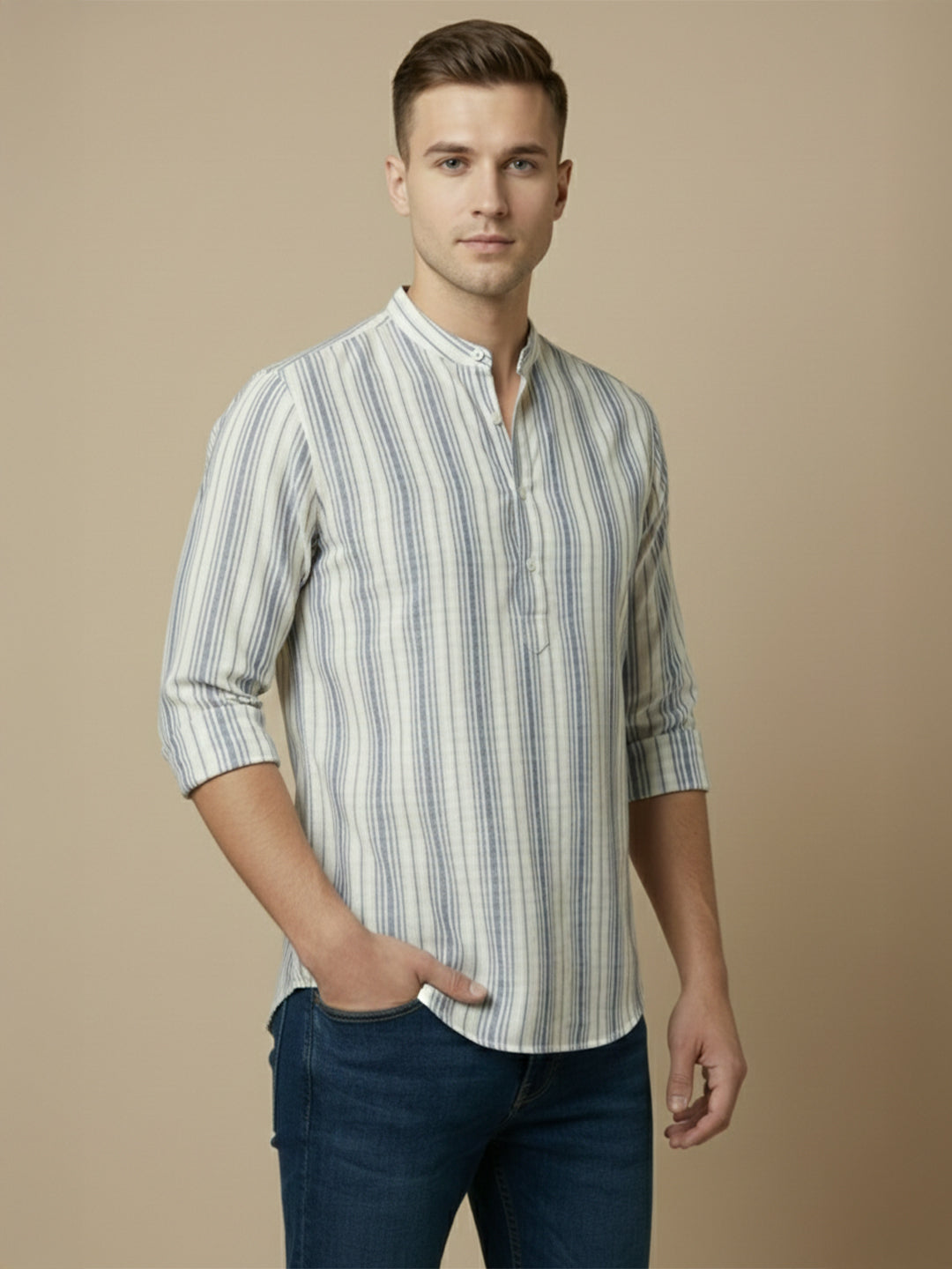 100% Cotton Mens Strip Full Sleeve Kurta