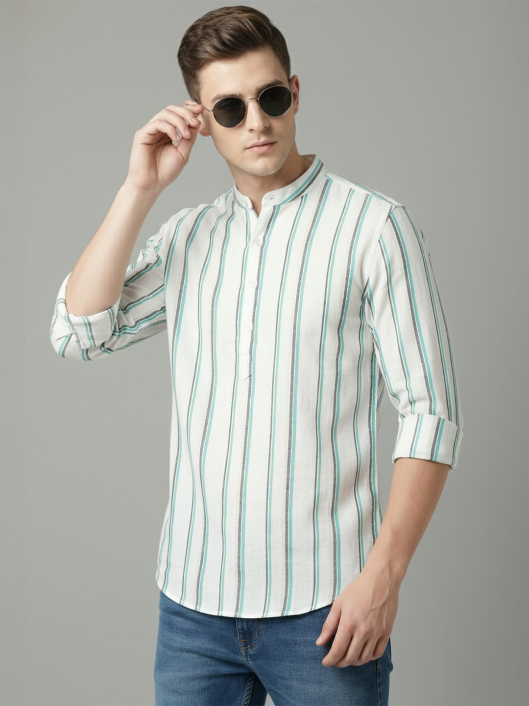 100% Cotton Mens Strip Full Sleeve Kurta