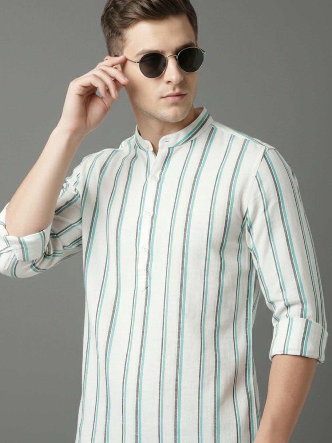 100% Cotton Mens Strip Full Sleeve Kurta