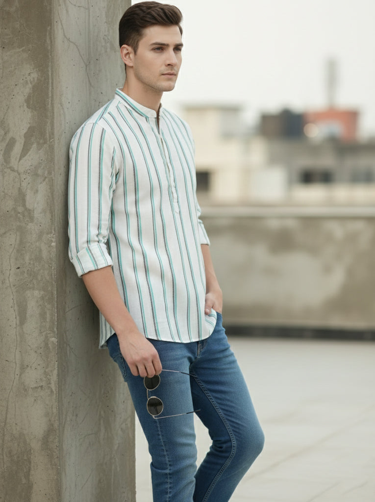 100% Cotton Mens Strip Full Sleeve Kurta